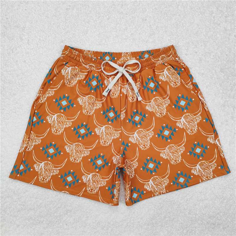S0462Highland cow aztec western adult men swim trunks