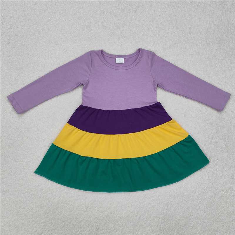 12.18 RTS NO MOQ (In stock)GLD0997 Baby Girls Mardi Gras Purple Long Sleeve Knee Length Dresses