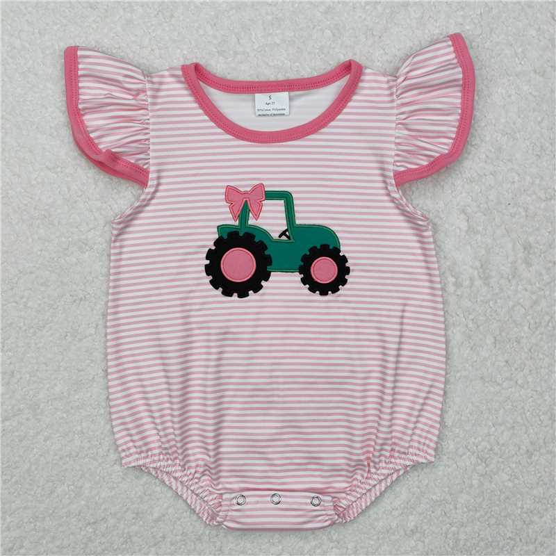 USA Warehouse (IN STOCK) SR2432 Baby Girls Summer Pink Tractor Bow Rompers