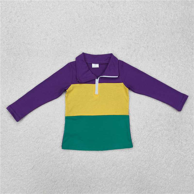 12.19 RTS NO MOQ (In stock)BT1130 Baby Boys Mardi Gras Purple Zip Tee Shirts Tops