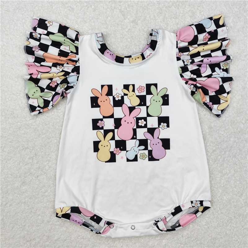 12.24 RTS NO MOQ (In stock)SR2227 Baby Infant Girls Easter Checkered Rabbits Rompers