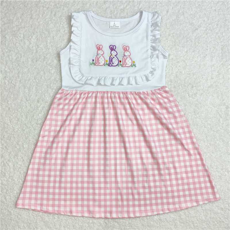12.24 RTS NO MOQ (In stock)GSD1696 Embroidery Baby Girls Easter Rabbits Pink Checkered Knee Length Dresses