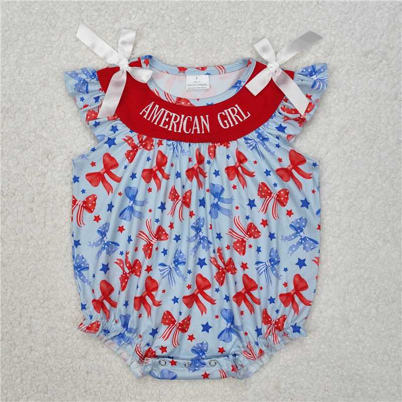 USA Warehouse (IN STOCK) SR2589 American girl red blue bow baby 4th of july romper