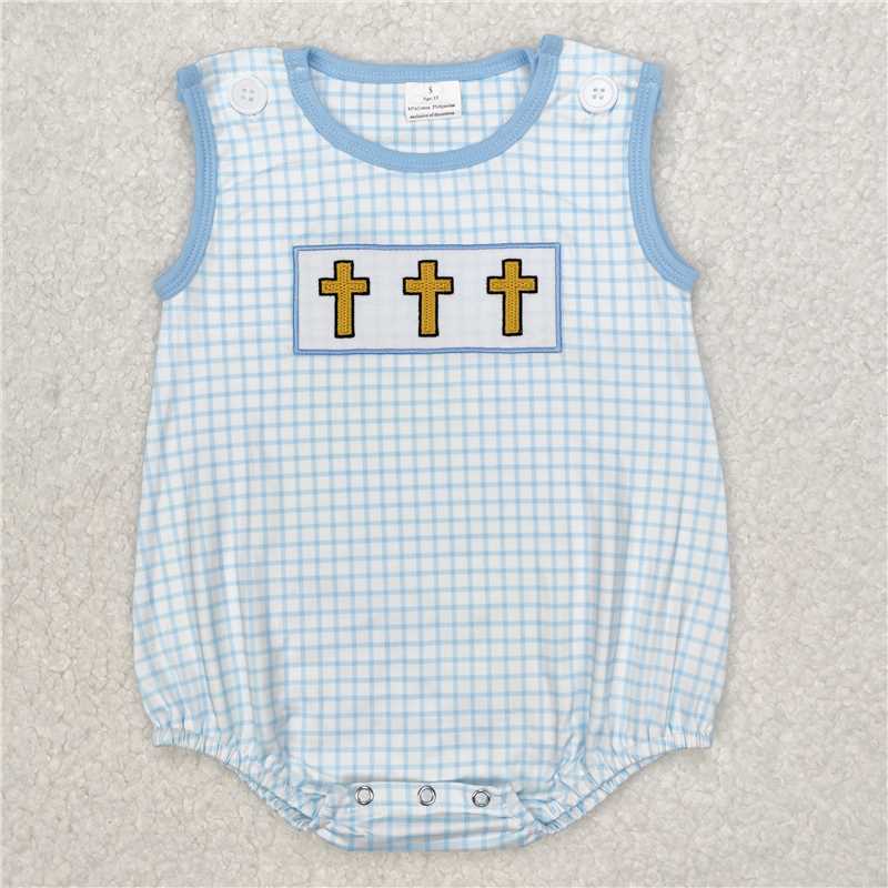12.26 RTS NO MOQ (In stock)SR2505 Embroidery Baby Infant Boys Blue Checkered Easter Cross Rompers
