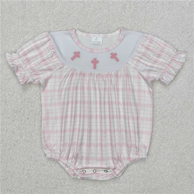 12.24 RTS NO MOQ (In stock) SR2504 Baby Infant Girls Pink Checkered Easter Cross Rompers