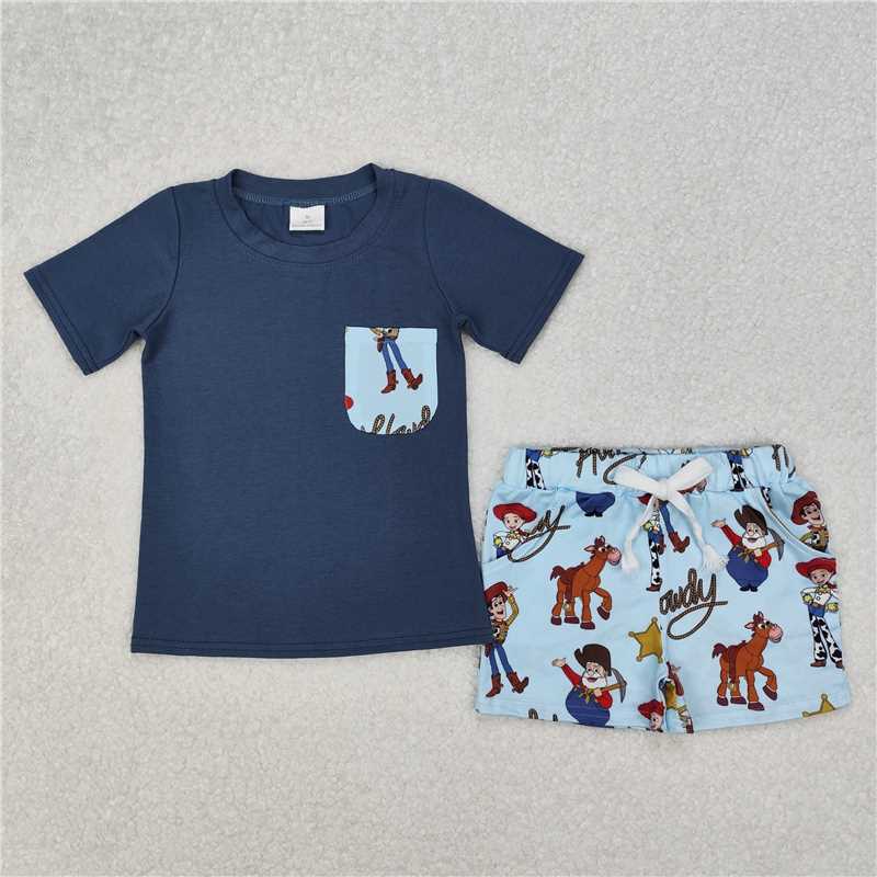 12.26 RTS NO MOQ (In stock)Matching BSSO1213 Baby Boys Howdy Toy Blue Shirts Shorts Clothes Sets