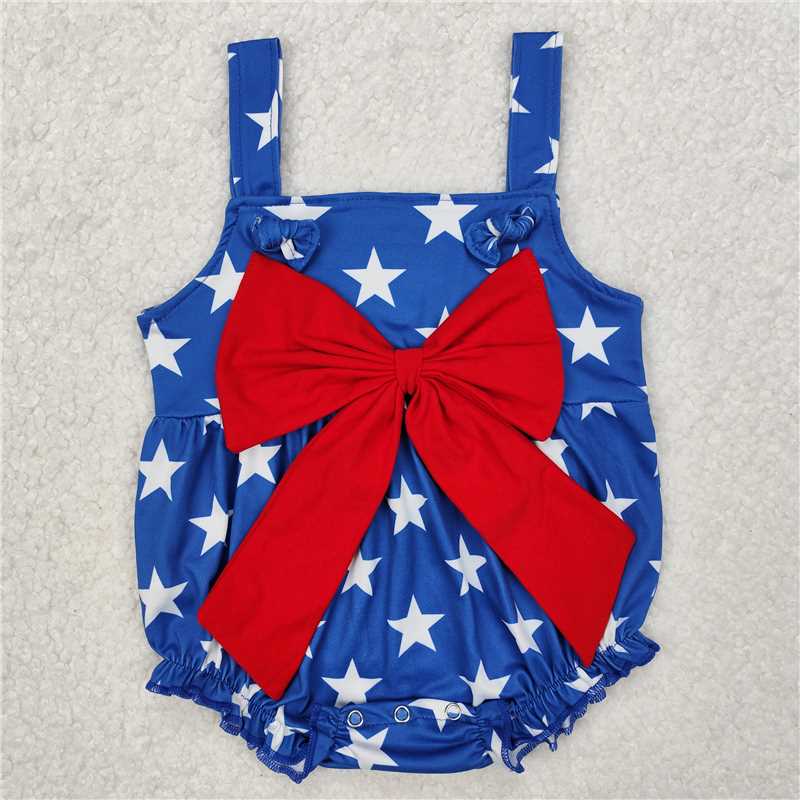1.5 RTS NO MOQ (In stock)SR2607 4th of July Baby Infant Girls 4th Of July Stars Bows Rompers