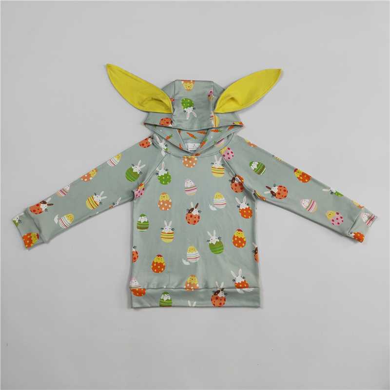 12.26 RTS NO MOQ (In stock)BT1136 Baby Boys Easter Green Rabbits Eggs Long Sleeve Hooded Ears Tops