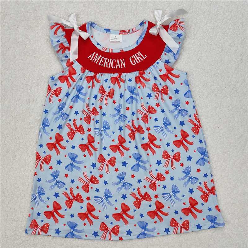 11.27 RTS NO MOQ (In stock)Matching GSD1827 Embroidery Baby Girls American Girl Bows Knee Length Dresses