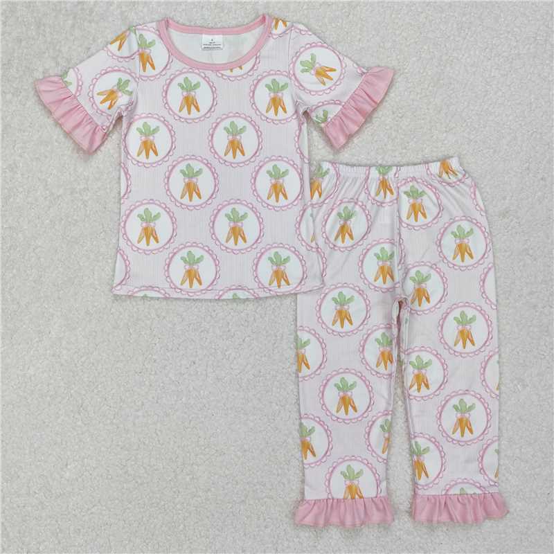 12.23 RTS NO MOQ (In stock)GSPO1992 Baby Girls Spring Easter Carrots Shirt Pants Pajamas Sets