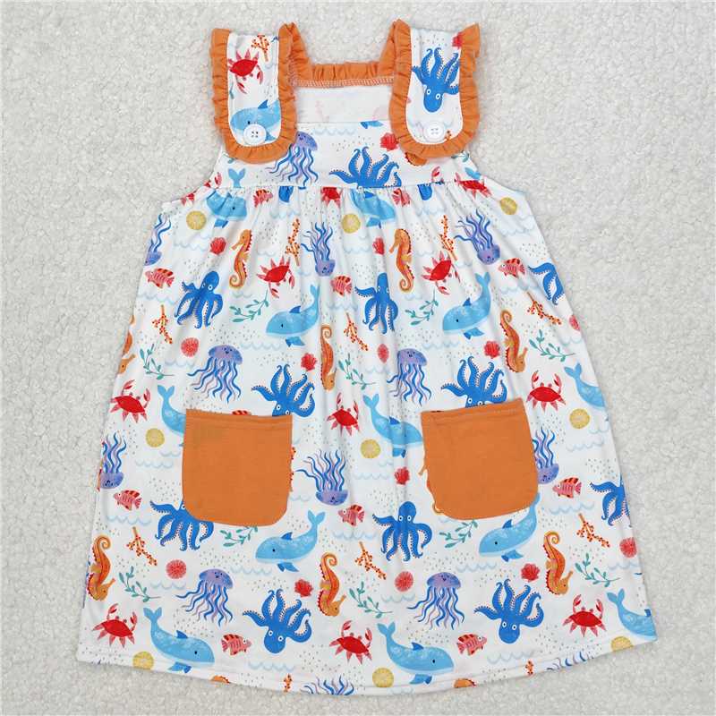 12.25 RTS NO MOQ (In stock)Matching GSD1961 Baby Girls Sea Animals Pockets Knee Length Dresses