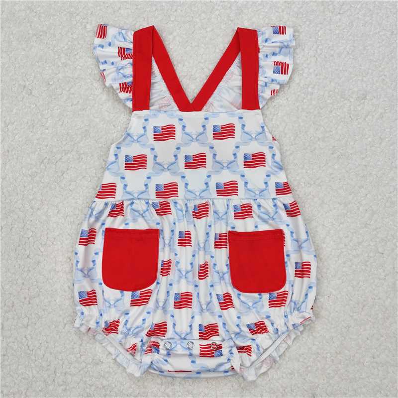 1.5 RTS NO MOQ (In stock)SR2331 4th of July Baby Infant Girls 4th Of July Flag Straps Rompers