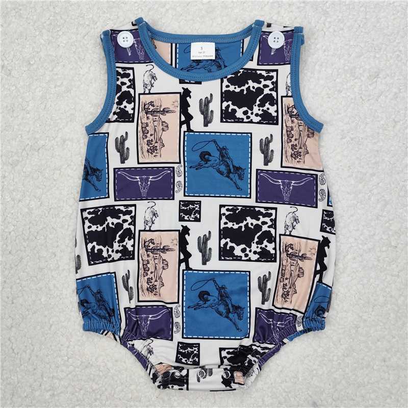 12.25 RTS NO MOQ (In stock)Matching SR2700 Baby Infant Boys Western Rodeo Cow Cactus Rompers