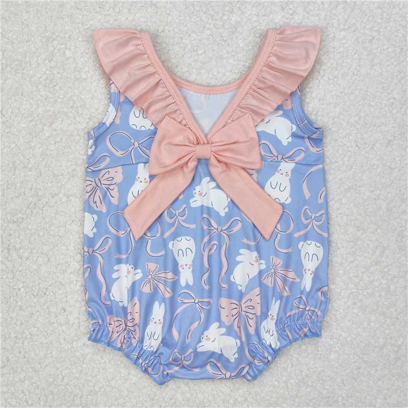 12.24 RTS NO MOQ (In stock)SR2583 Baby Infant Girls Easter Rabbits Bows Sleeveless Rompers