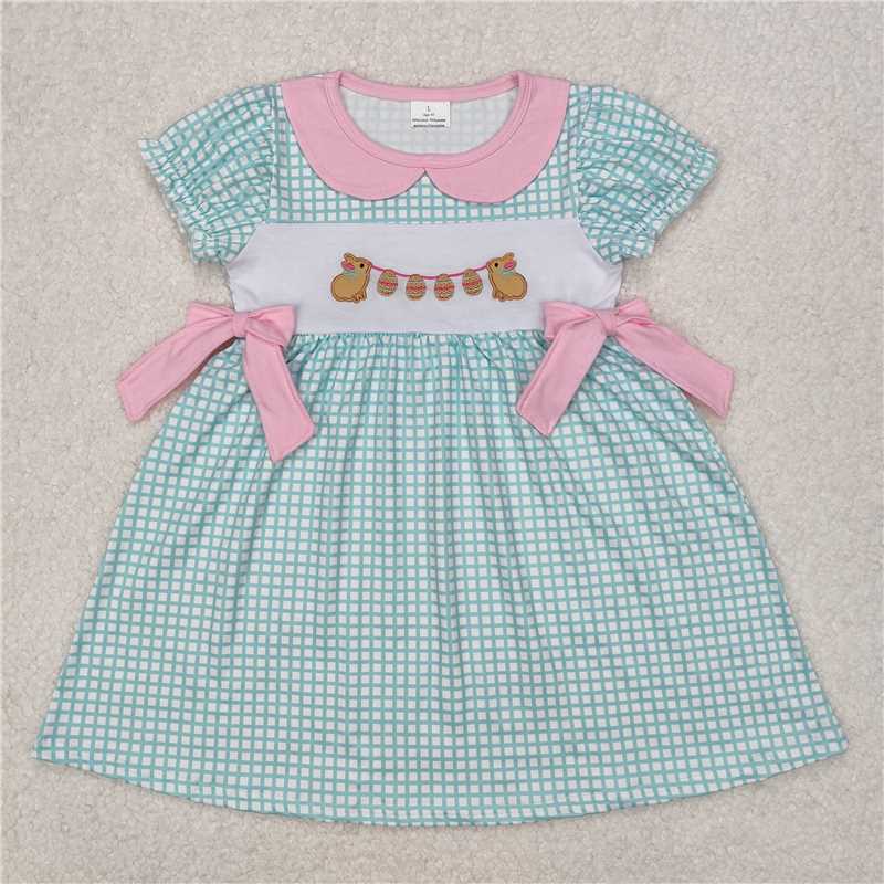 12.24 RTS NO MOQ (In stock)GSD1773 Embroidery Baby Girls Easter Rabbits Bows Knee Length Dresses