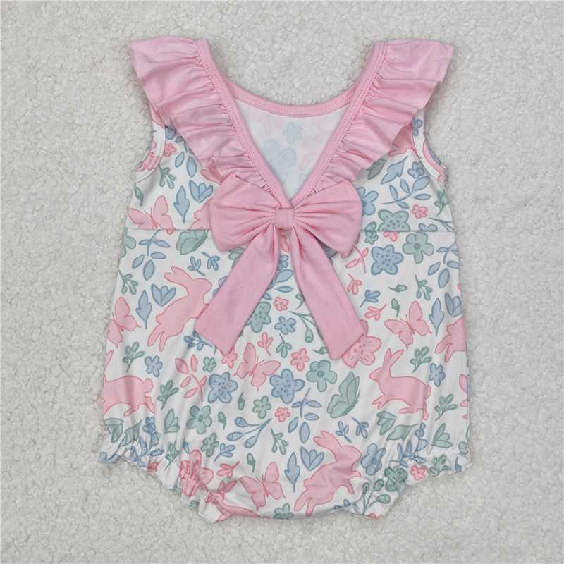 12.24 RTS NO MOQ (In stock)SR2546 Baby Infant Girls Easter Rabbits Pink Flowers Rompers