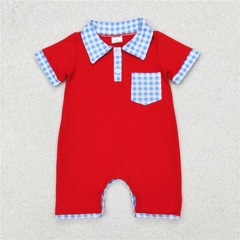 12.25 RTS NO MOQ (In stock)Matching SR2352 Baby Infant Boys Red 4th of July Pocket Rompers