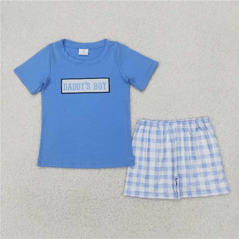 12.29 RTS NO MOQ (In stock)Matching BSSO1433 Embroidery Baby Boys Blue Short Sleeves DADDY'S BOY Top Plaid Shorts Sets