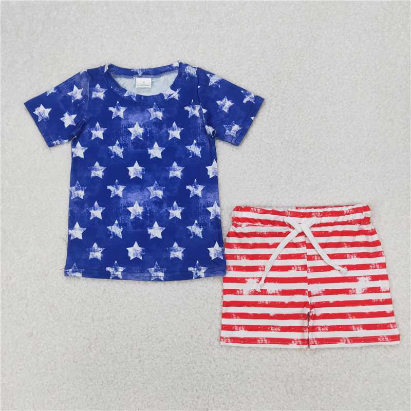 1.7 RTS NO MOQ (In stock)BSSO1405 4th of July Baby Boys Blue Short Sleeves Stars Shirt Red Stripe Shorts 4th Of July Sets