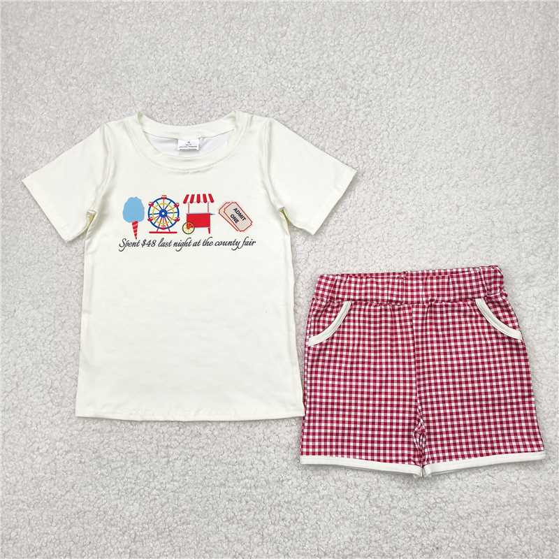 12.19 RTS NO MOQ (In stock)Matching BSSO1468 Baby Boys Ice Cream Store Top Red Plaid Pockets Shorts Sets