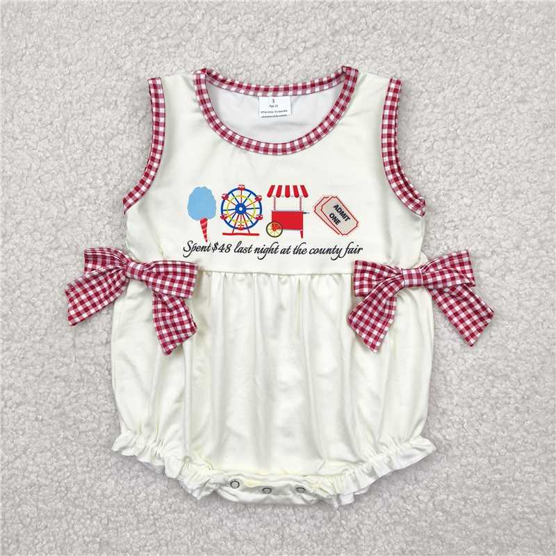 12.19 RTS NO MOQ (In stock)Matching SR3037 Baby Girls Sleeveless Ice Cream Store Red Plaid Bows Ruffle Rompers