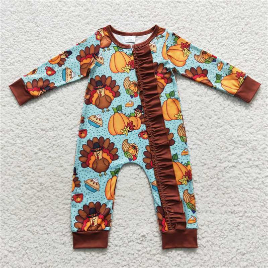 RTS LR0580 pumpkin turkey blue brown girl zipper Thanksgiving romper