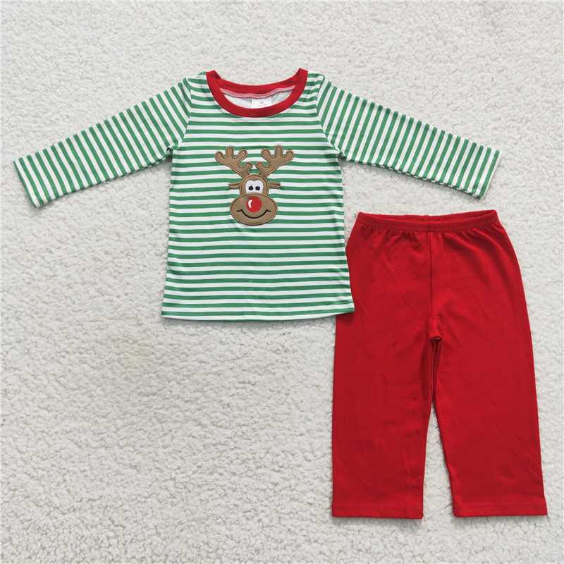 BLP0180Reindeer green stripe shirt red pants boy Christmas outfits