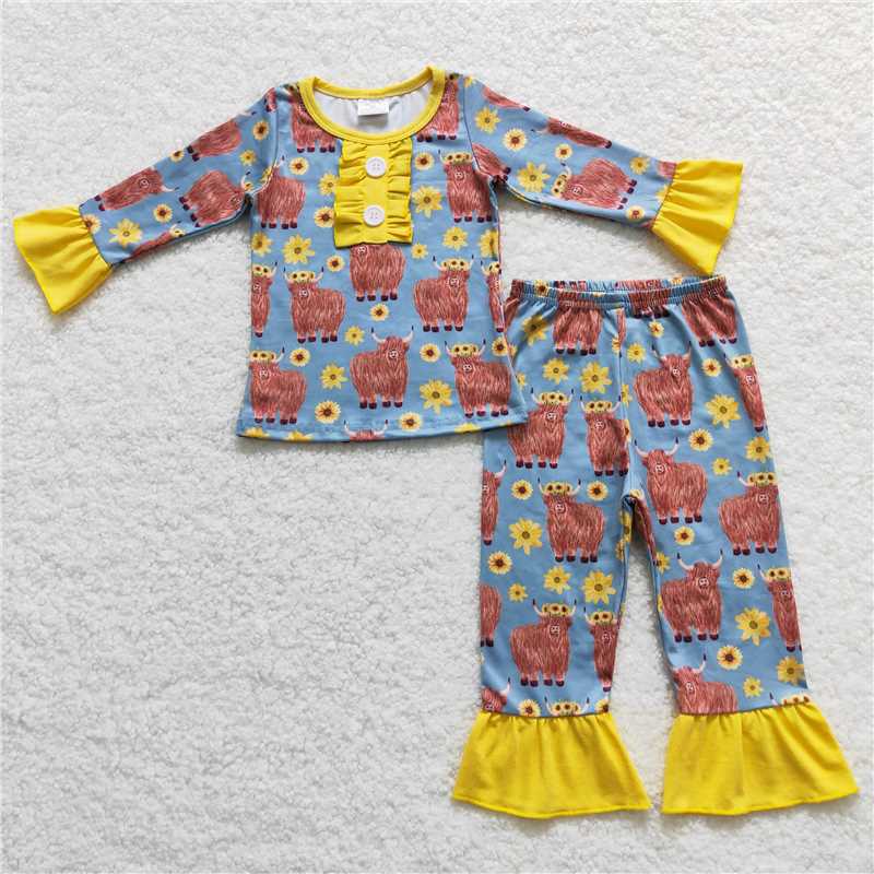GLP0670Yellow floral highland cow girls western pajamas