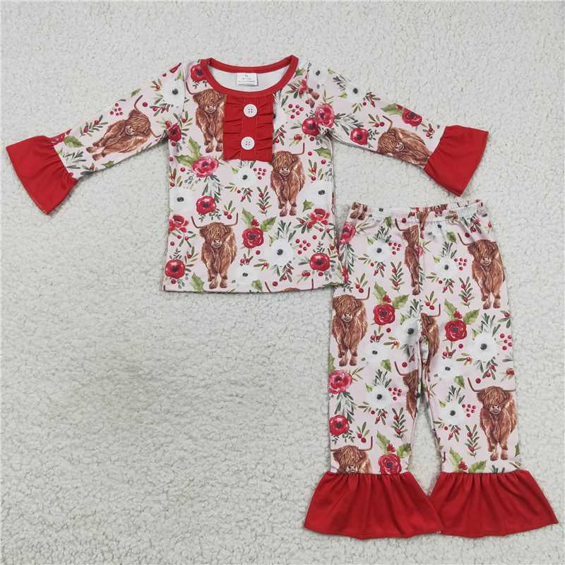 GLP0665Red floral highland cow long sleeves girls Christmas pajamas