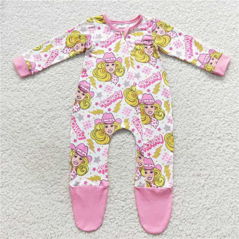 LR0545Howdy pink party baby footed zipper coveralls