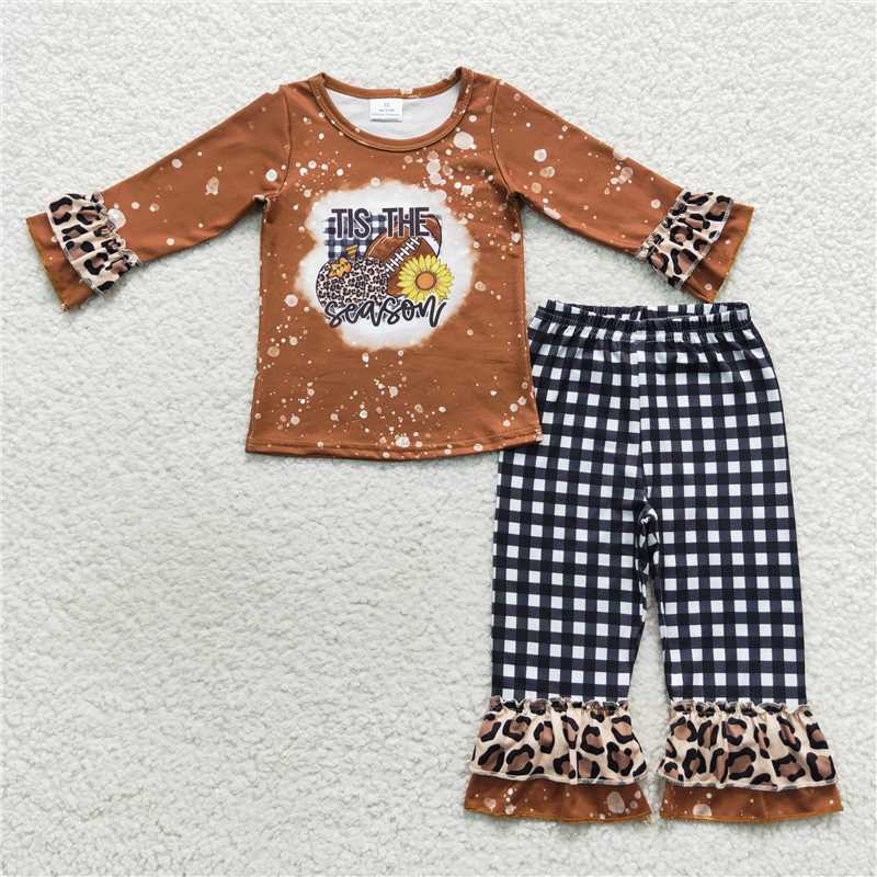 11.18 RTS NO MOQ (In stock)Matching GLP0706 Baby Girls Football Pumpkin Leopard Ruffle Pants Clothes Sets