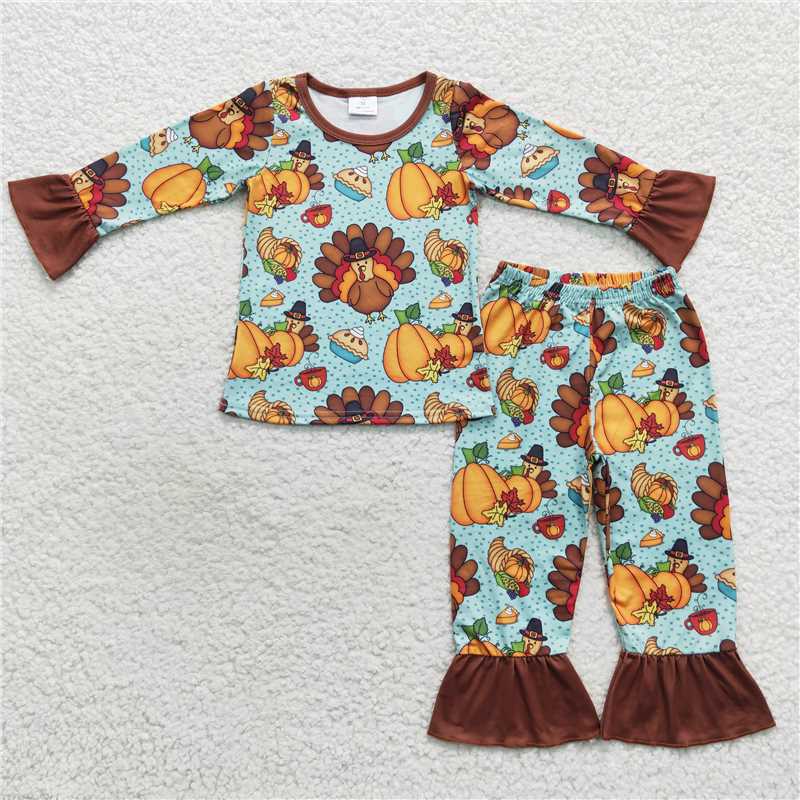 GLP0684Turkey pumpkin top pants girls Thanksgiving pajamas