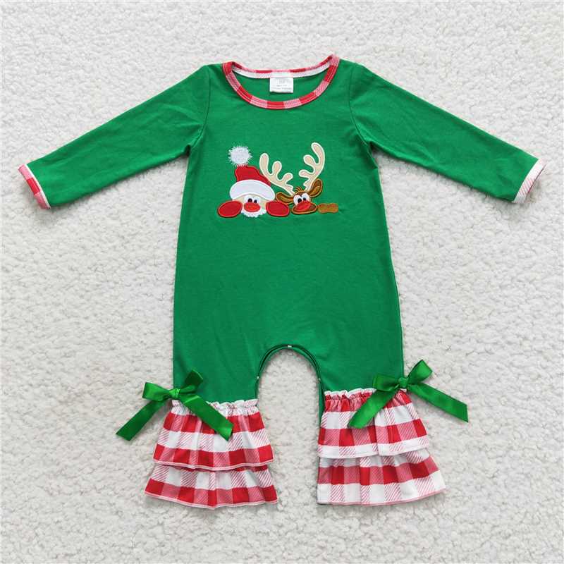 LR0395Green deer ruffle baby girls Christmas romper