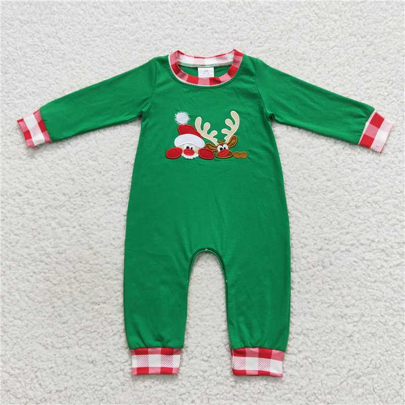 RTS LR0396 Santa Claus embroidered reindeer plaid green long-sleeved jumpsuit