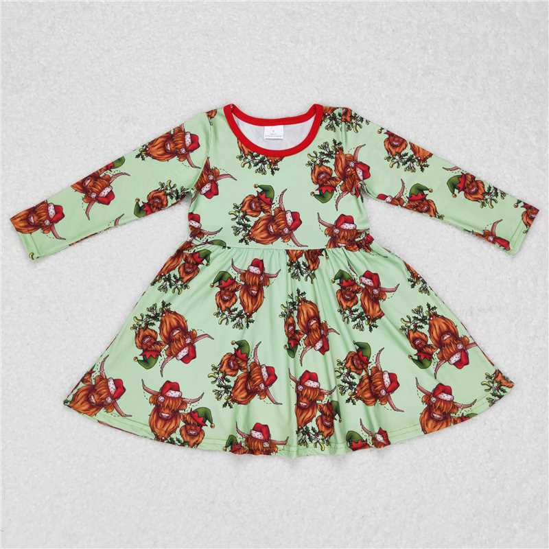 GLD0387 Baby Girls Western Highland Cows Christmas Twirl Dresses