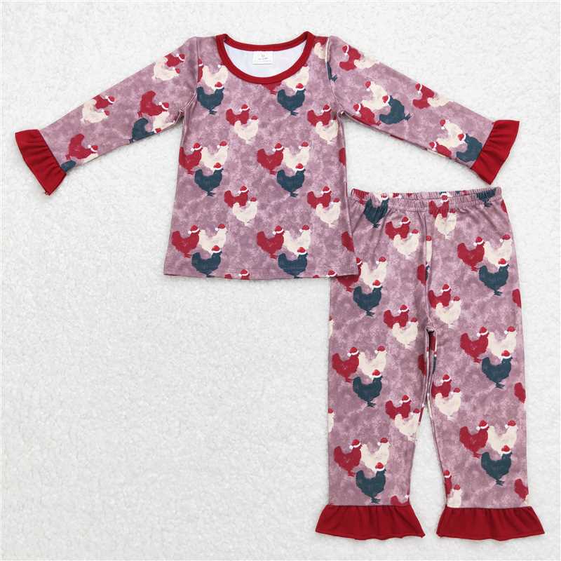 12.10 RTS NO MOQ (In stock)GLP0848 Baby Girls Christmas Farm Chickens Tops Ruffle Pants Pajamas Sets