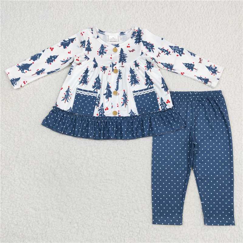 12.10 RTS NO MOQ (In stock)GLP0877 Baby Girls Christmas Tree Pockets Tunic Dots Legging Clothing Sets