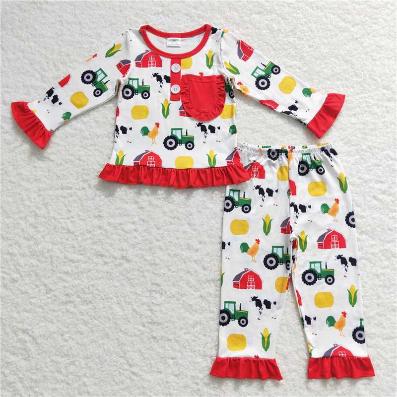 11.14 RTS NO MOQ (In stock)Matching GLP0755 Baby Girls Fall Farm Red Top Pants Long Sleeve Pajamas Clothes Sets