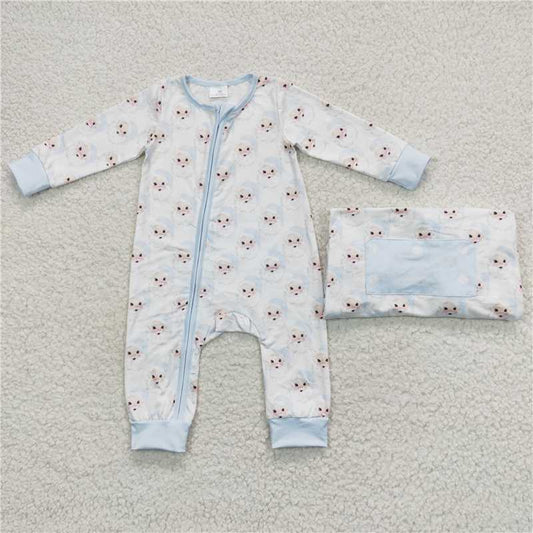 USA Shop (in stock)LR0585 Santa Claus light blue and white zipper long-sleeved jumpsuit