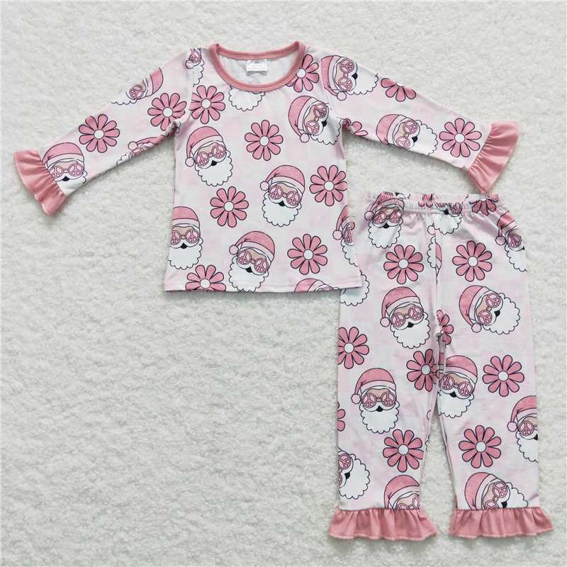 12.10 RTS NO MOQ (In stock)GLP0713 Baby Girls Christmas Santa Pink Flowers 2Pcs Jammies Pajamas Clothes Sets