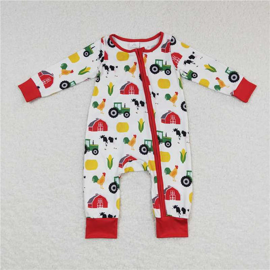 RTS LR0672 Farm Animals Red House Tractor Corn Red and White Zipper Long Sleeve Bodysuit