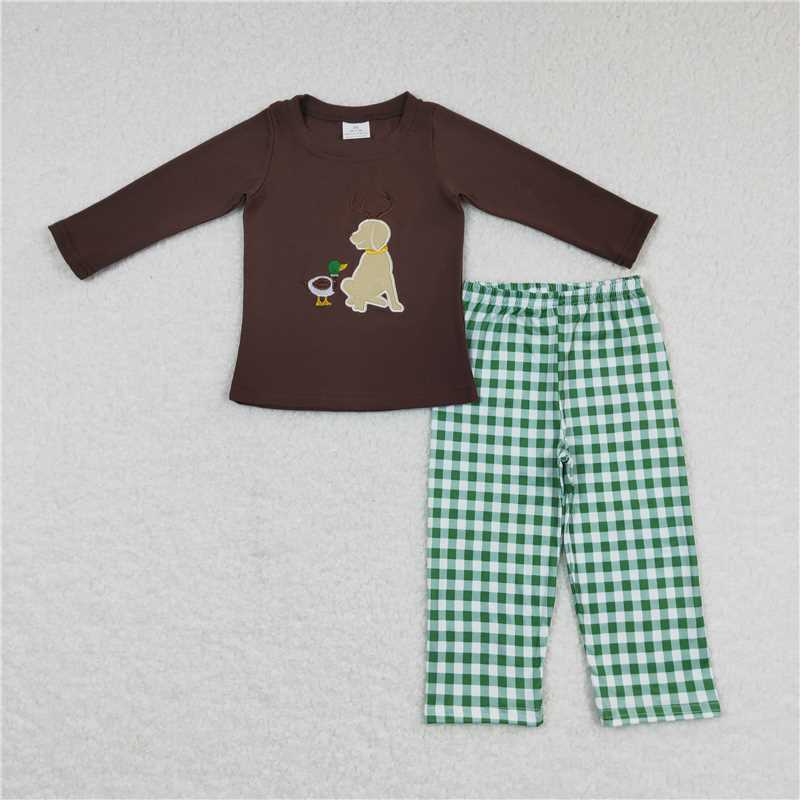 BLP0293Duck dog brown top plaid pants boy clothing