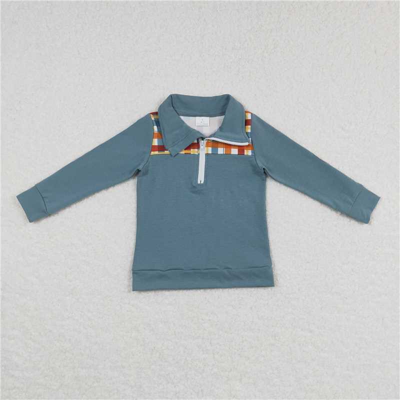 BT0313 Baby Boys Thanksgiving Plaid Long Sleeve Elbow Pullover Tee Shirt Tops