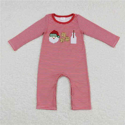 RTS LR0707 Embroidered Santa Claus Cookie Milk Red Striped Long Sleeve Bodysuit