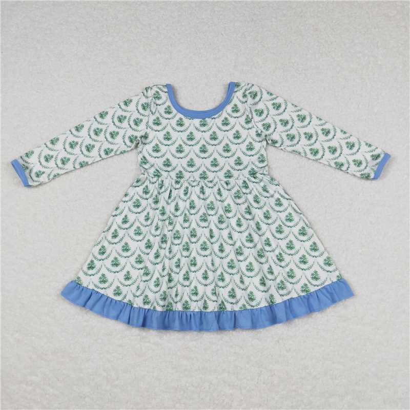 GLD0403 Baby Girls Christmas Tree Green Long Sleeve Knee Length Dresses