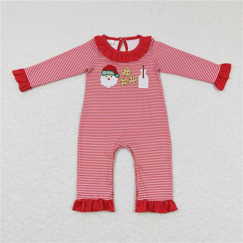 USA Shop (in stock)LR0708Santa cookie milk stripe long sleeves baby girls Christmas romper