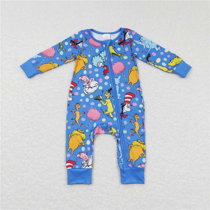 RTS LR0784 Dr Seuss cartoon colorful dots blue zipper long-sleeved jumpsuit