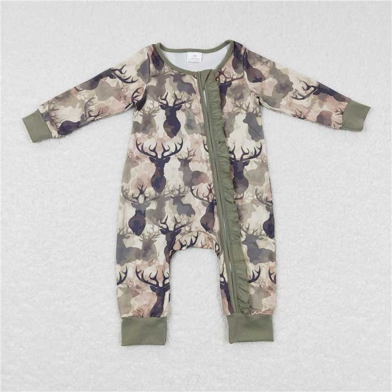 USA Shop (in stock)LR0661RTS NO MOQ Baby girls Winter Rompers Deer camo long sleeves ruffle baby girls zipper romper