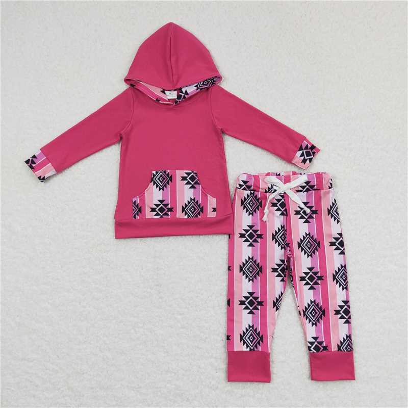 GLP0780 aztec geometric pattern pocket rose red hooded long-sleeved trousers suit