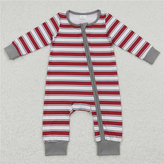 RTS LR0748 Red and white striped long-sleeved jumpsuit with gray trim and zipper